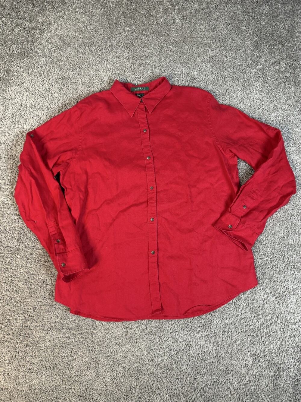 Lauren Ralph Lauren Shirt Womens XL Red Linen Button-Up Breathable Lightweight